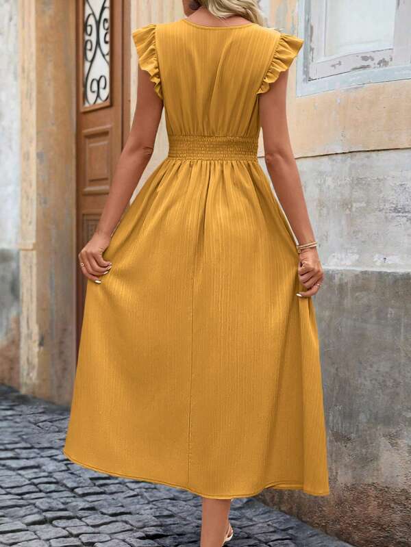 Vestido Midi Com Franzido E Babados Decote V Casual