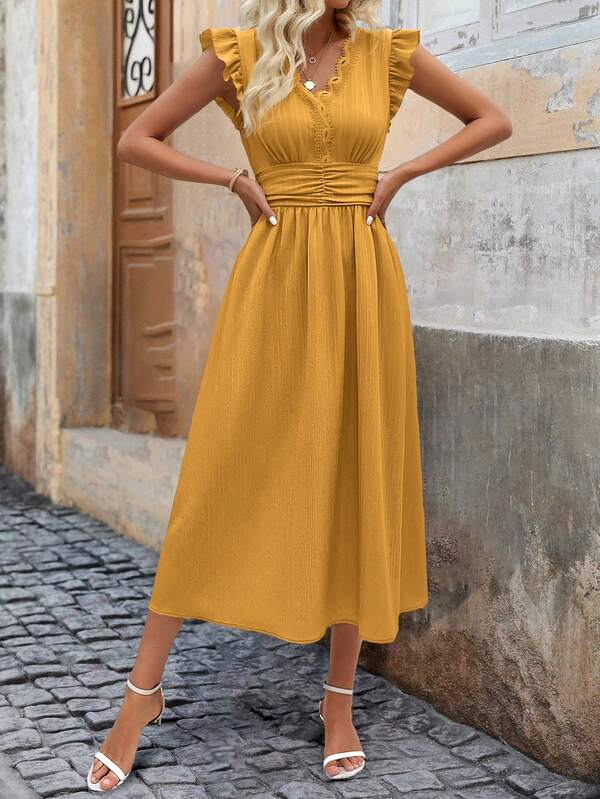 Vestido Midi Com Franzido E Babados Decote V Casual