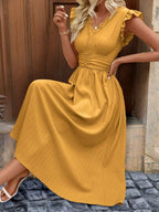 Vestido Midi Com Franzido E Babados Decote V Casual