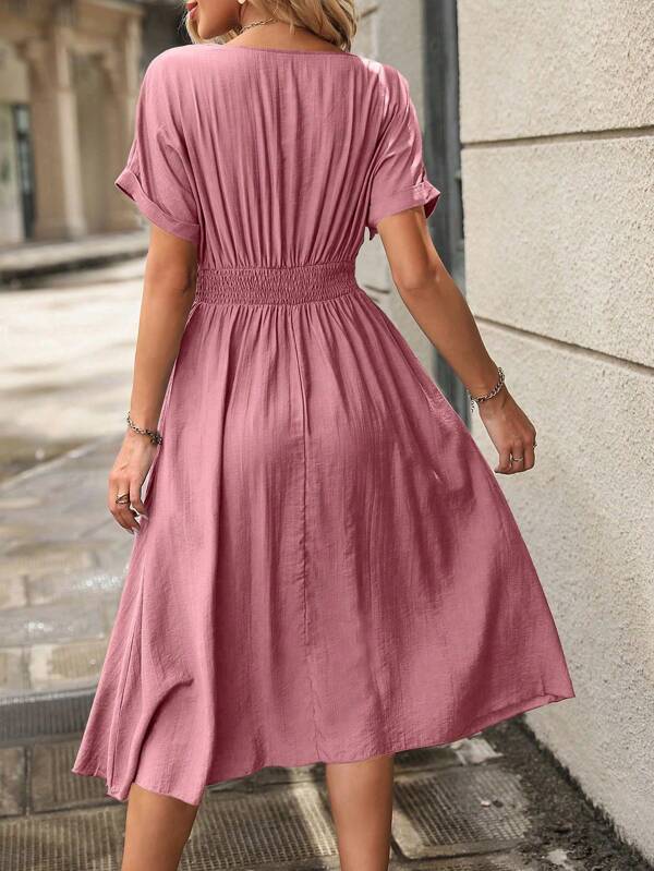 Vestido Midi Evasê Acinturado Com Botões Estilo Casual