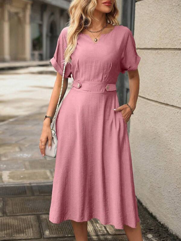 Vestido Midi Evasê Acinturado Com Botões Estilo Casual