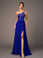 Vestido Longo Ombro Único Com Pedrarias E Fenda