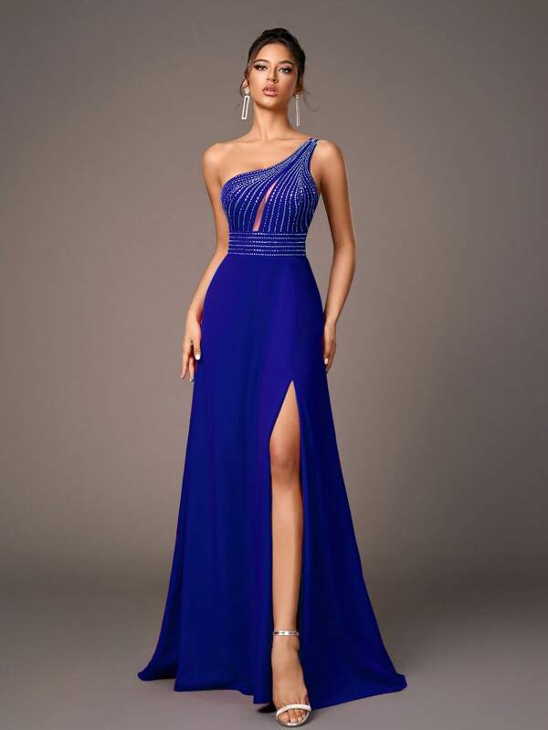 Vestido Longo Ombro Único Com Pedrarias E Fenda