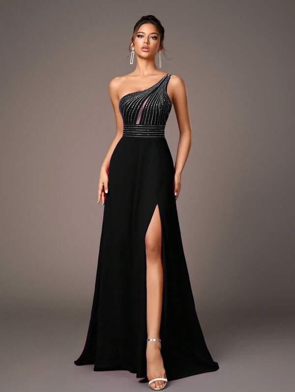 Vestido Longo Ombro Único Com Pedrarias E Fenda