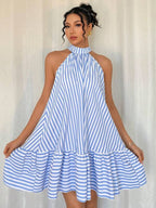 Vestido Curto Frente Única Com Babados Listrado