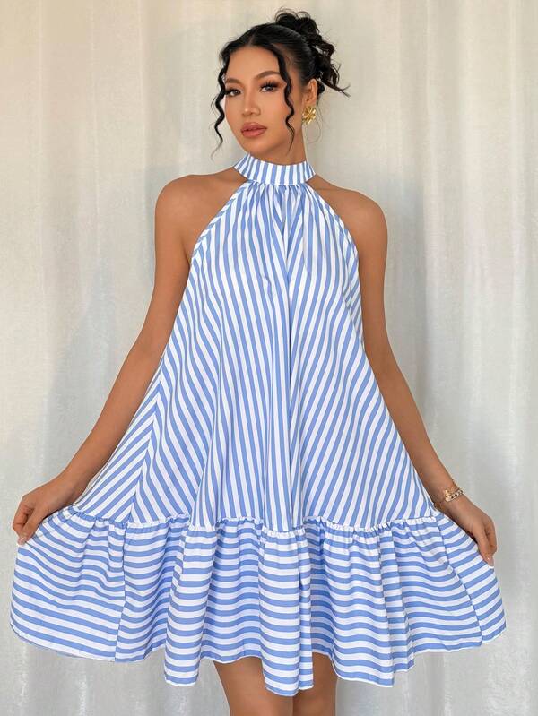 Vestido Curto Frente Única Com Babados Listrado