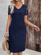 Vestido Midi Decote Ondulado Manga Renda Estilo Elegante
