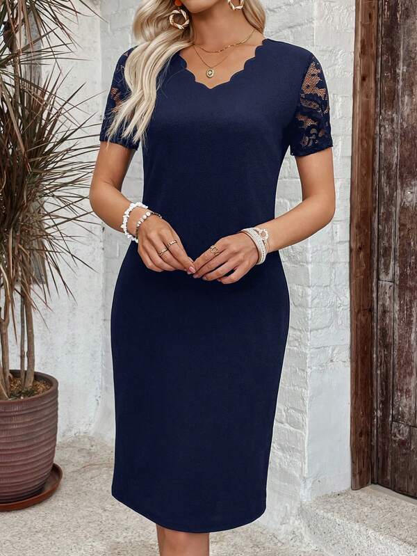 Vestido Midi Decote Ondulado Manga Renda Estilo Elegante