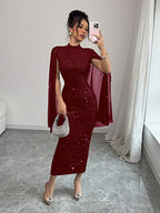 Vestido Midi Gola Alta Com Manga Capa E Brilho