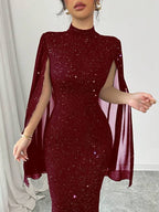 Vestido Midi Gola Alta Com Manga Capa E Brilho