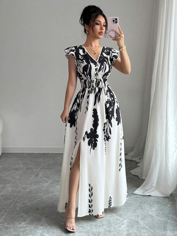 Vestido Midi Decote V Com Fenda E Estampa Étnica Boho
