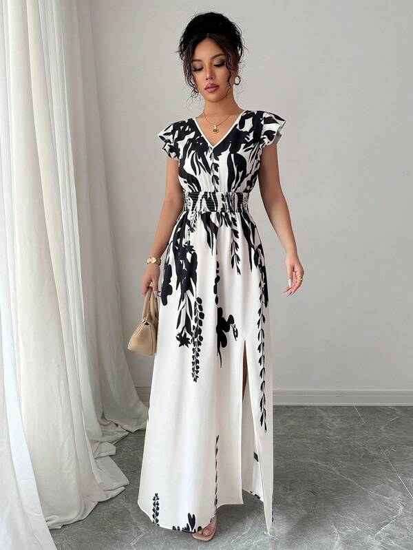 Vestido Midi Decote V Com Fenda E Estampa Étnica Boho