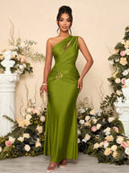 Vestido Longo Ombro Único Com Drapeado E Fivela