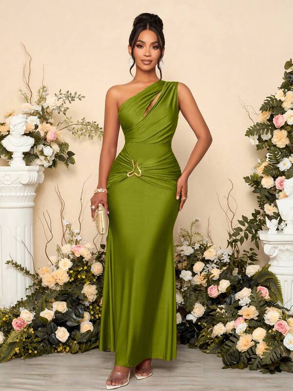 Vestido Longo Ombro Único Com Drapeado E Fivela