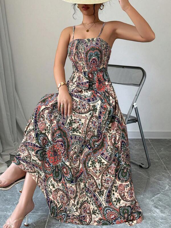Vestido Longo Com Lastex E Alças Finas Estampa Paisley