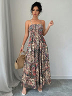 Vestido Longo Com Lastex E Alças Finas Estampa Paisley