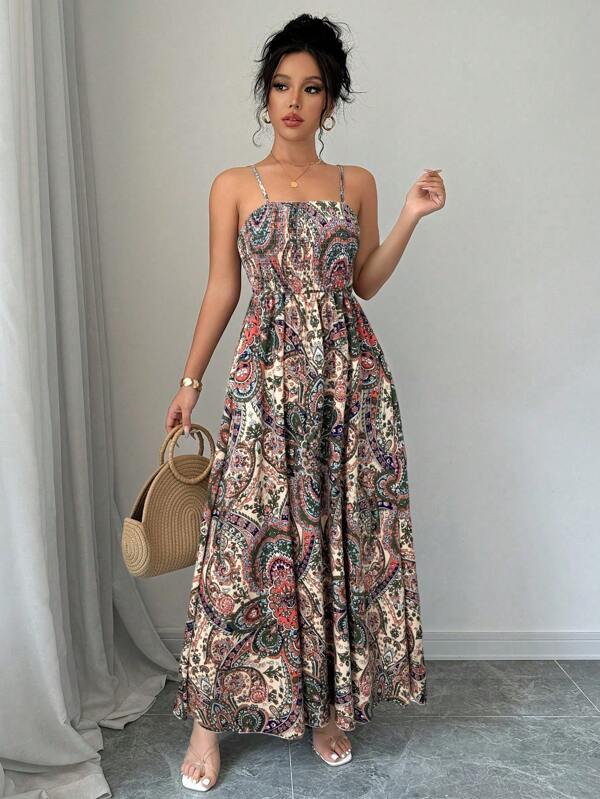 Vestido Longo Com Lastex E Alças Finas Estampa Paisley