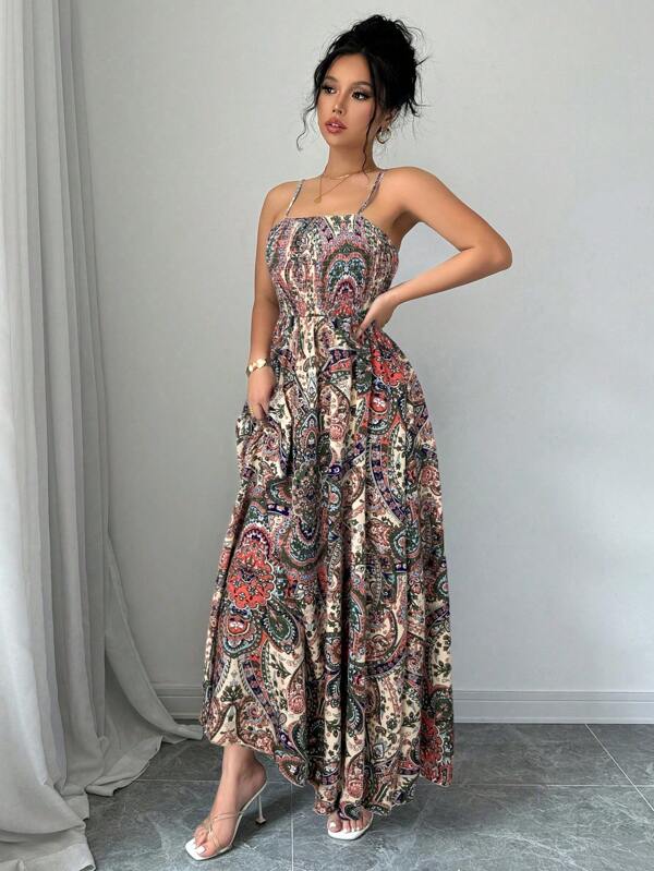 Vestido Longo Com Lastex E Alças Finas Estampa Paisley