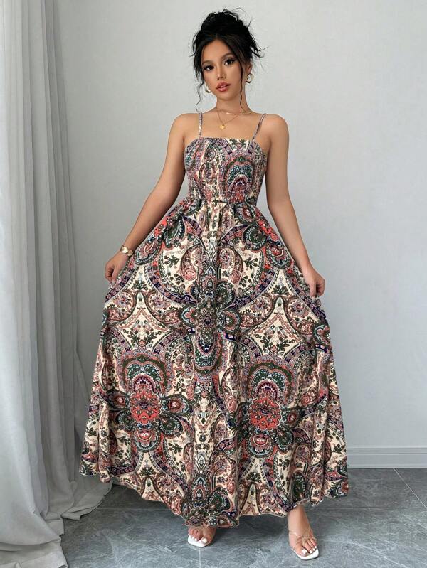 Vestido Longo Com Lastex E Alças Finas Estampa Paisley