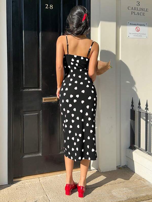 Vestido Midi Alças Finas Com Fenda Estampa Corações