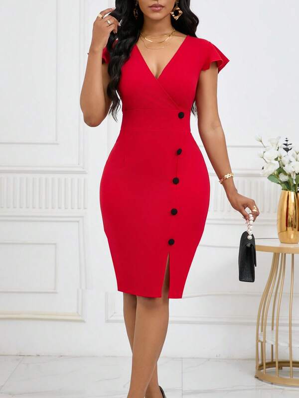 Vestido Midi Transpassado Com Botões Evasê