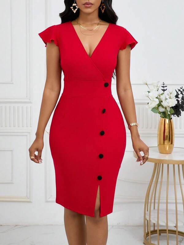 Vestido Midi Transpassado Com Botões Evasê