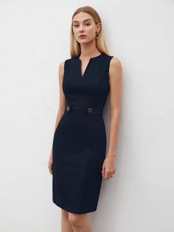Vestido Midi Ajustado Com Decote V Minimalista
