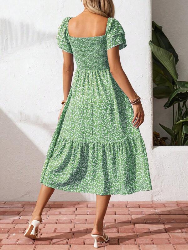 Vestido Midi Com Lastex E Estampa Floral Romântica