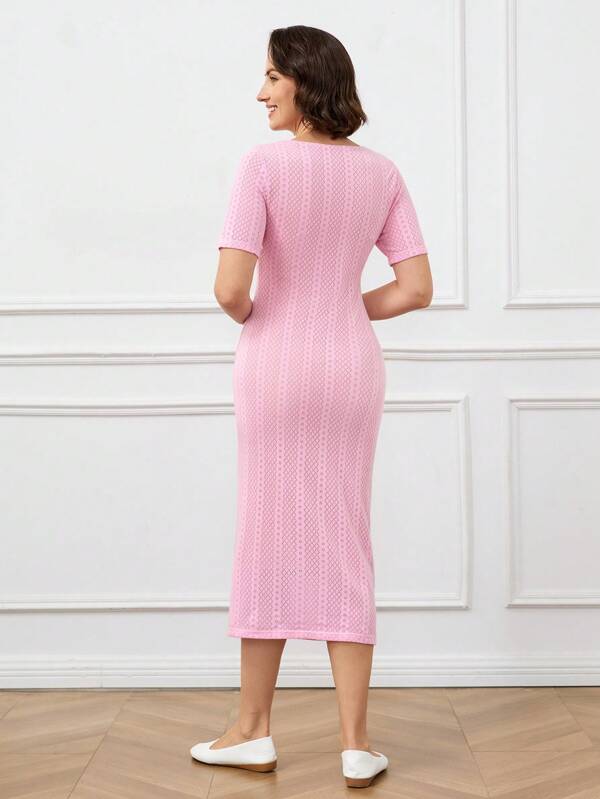 Vestido Midi Ajustado Em Tricot Vazado Manga Curta