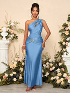 Vestido Longo Ombro Único Com Drapeado E Fivela