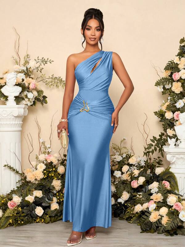 Vestido Longo Ombro Único Com Drapeado E Fivela