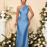 Vestido Longo Ombro Único Com Drapeado E Fivela