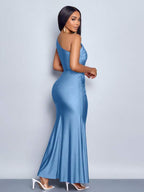 Vestido Longo Ombro Único Com Drapeado E Fivela