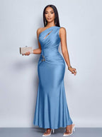 Vestido Longo Ombro Único Com Drapeado E Fivela