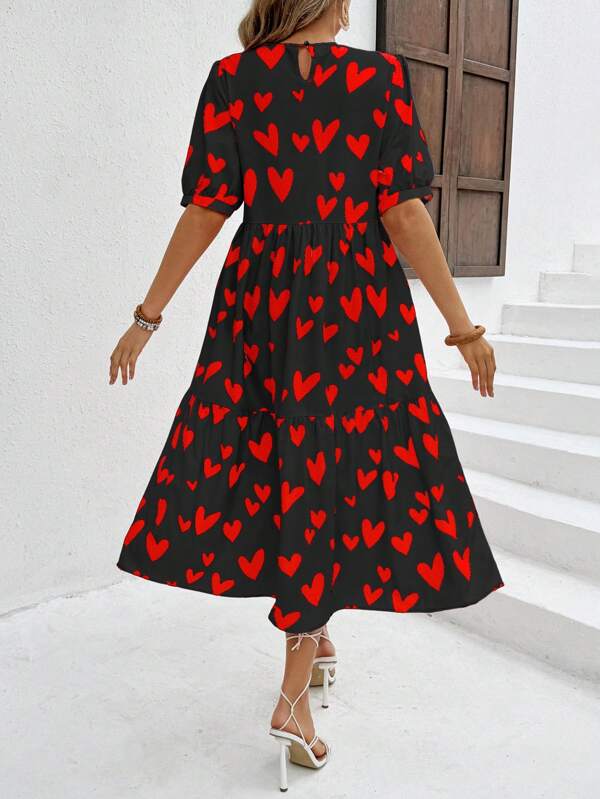 Vestido Longo Com Estampa Coração E Babados Casuais