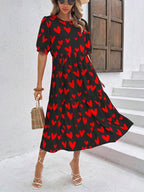 Vestido Longo Com Estampa Coração E Babados Casuais