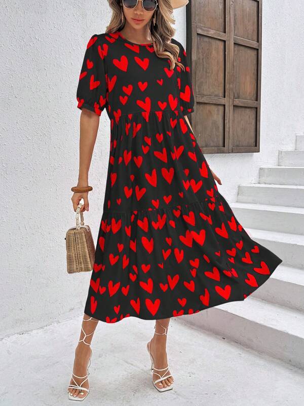 Vestido Longo Com Estampa Coração E Babados Casuais