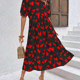 Vestido Longo Com Estampa Coração E Babados Casuais