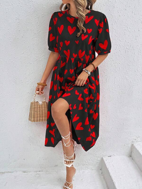 Vestido Longo Com Estampa Coração E Babados Casuais