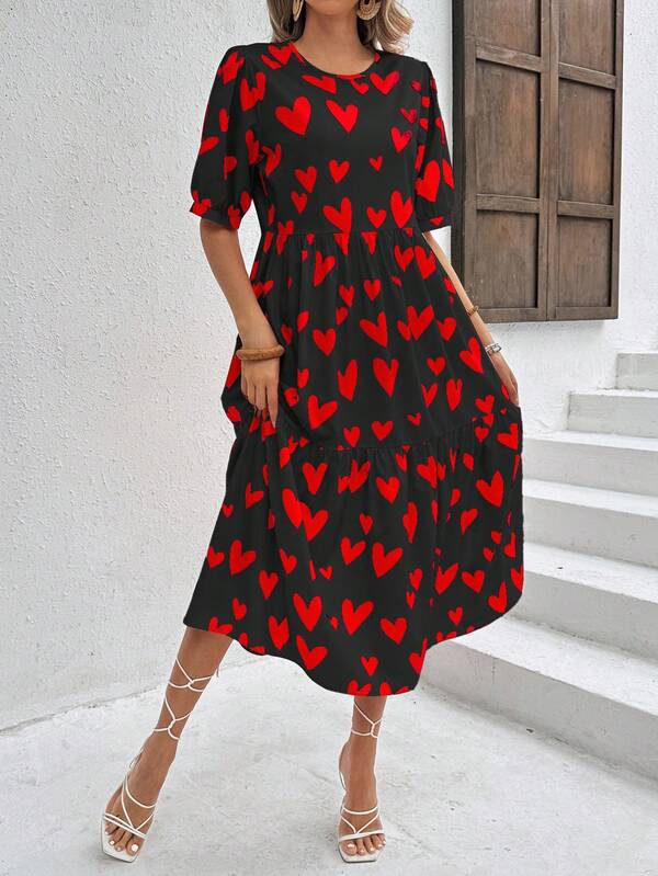 Vestido Longo Com Estampa Coração E Babados Casuais