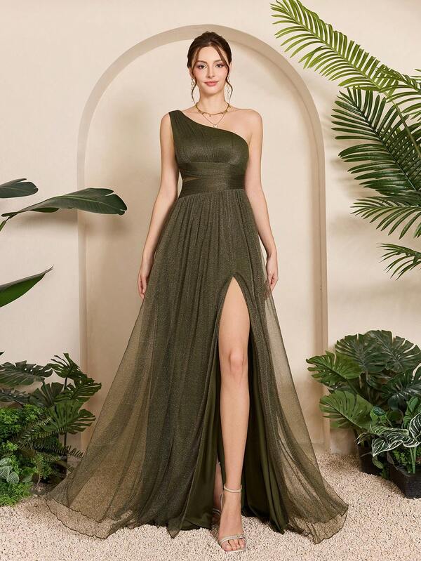 Vestido Longo Ombro Único Com Tule E Fenda Frontal