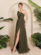 Vestido Longo Ombro Único Com Tule E Fenda Frontal