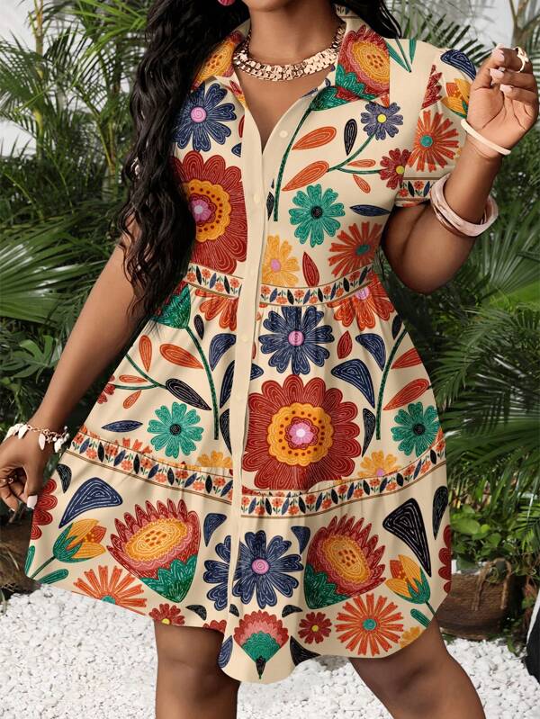 Vestido Chemise Curto Com Botões Estampa Floral