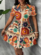 Vestido Chemise Curto Com Botões Estampa Floral
