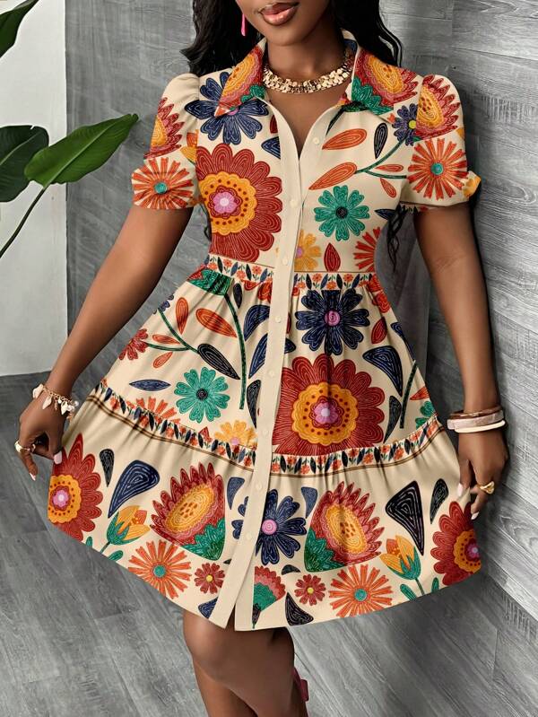 Vestido Chemise Curto Com Botões Estampa Floral