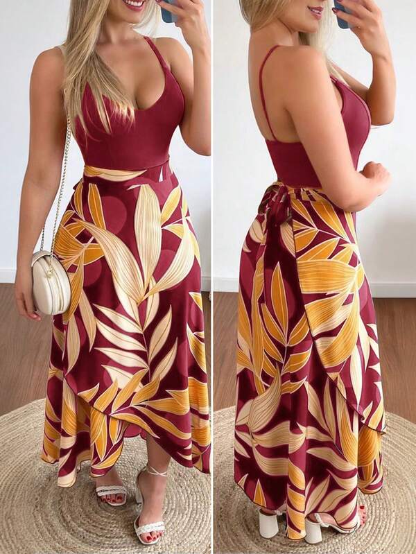 Vestido Longo Com Alças Finas E Estampa Tropical Resort