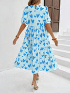 Vestido Longo Com Estampa Coração E Babados Casuais