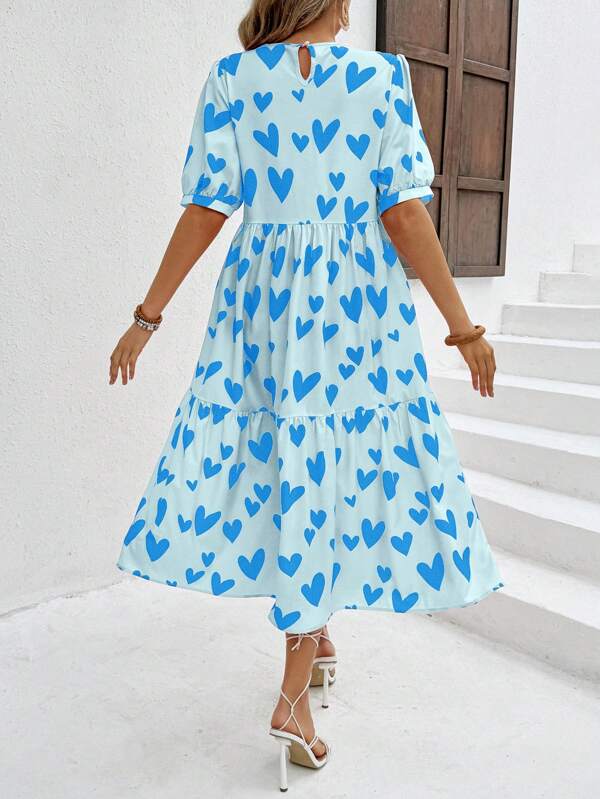 Vestido Longo Com Estampa Coração E Babados Casuais