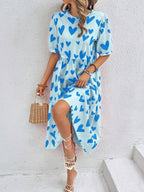 Vestido Longo Com Estampa Coração E Babados Casuais