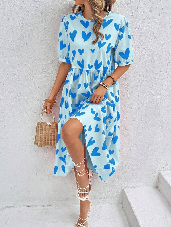 Vestido Longo Com Estampa Coração E Babados Casuais